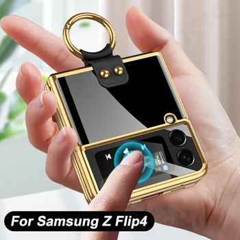 GKK Samsung Galaxy Z Flip 4 Esetben Galvanizáló Gyűrű Állni Képernyő Üveg Védelem Fedezni Galaxy Z Flip4 Plaing Kemény tok
